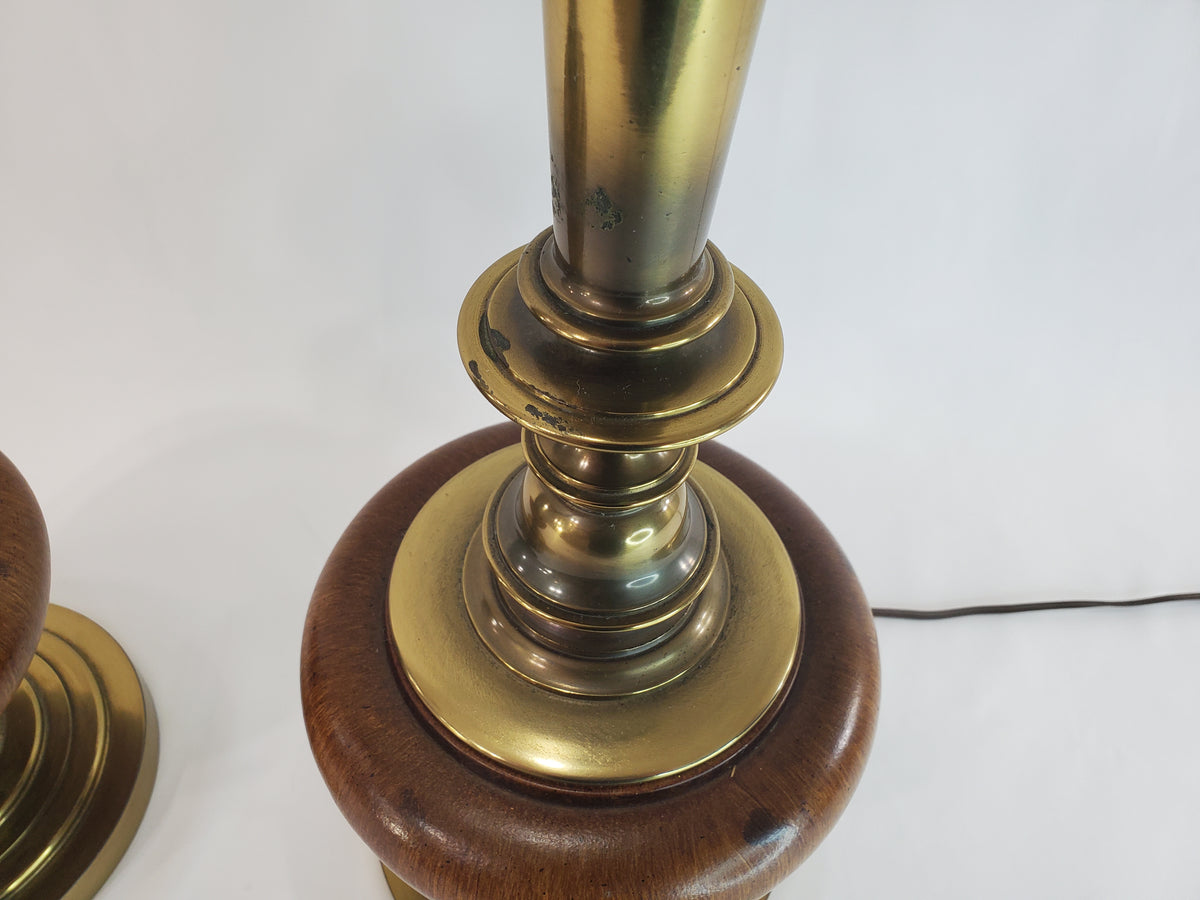 Pair Vintage Brass and Wood Candlestick Table Lamps
