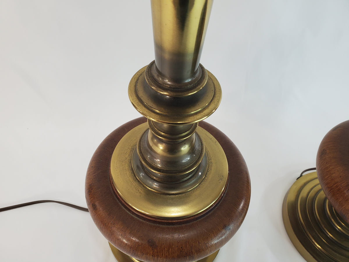 Pair Vintage Brass and Wood Candlestick Table Lamps