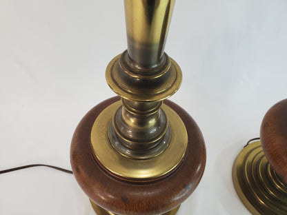 Pair Vintage Brass and Wood Candlestick Table Lamps