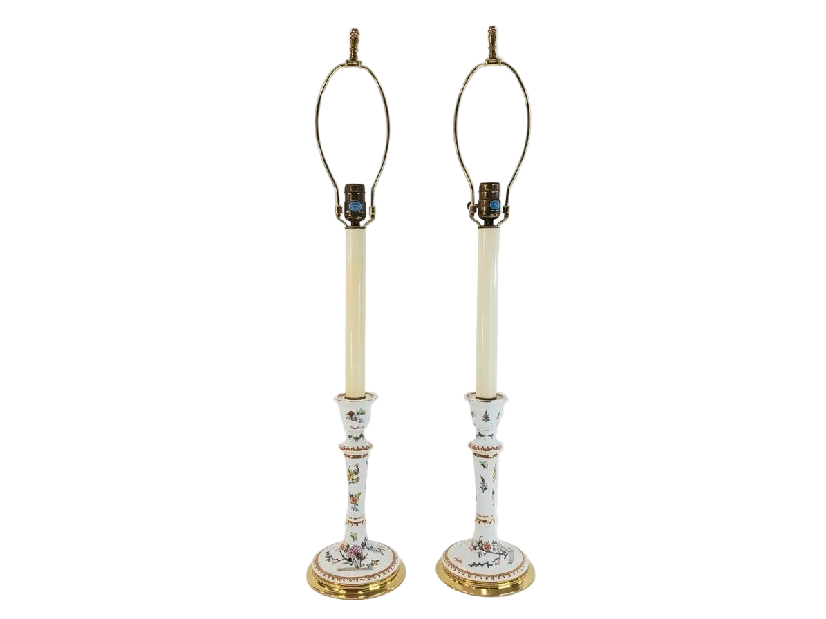 Pair Vintage Frederick Cooper Hand-Painted Chinoiserie Candlestick Lamps
