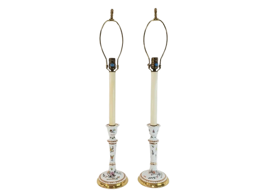 Pair Vintage Frederick Cooper Hand-Painted Chinoiserie Candlestick Lamps