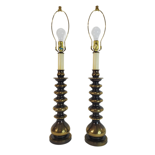 Pair Vintage Mid Century Brass Stacked Table Lamps