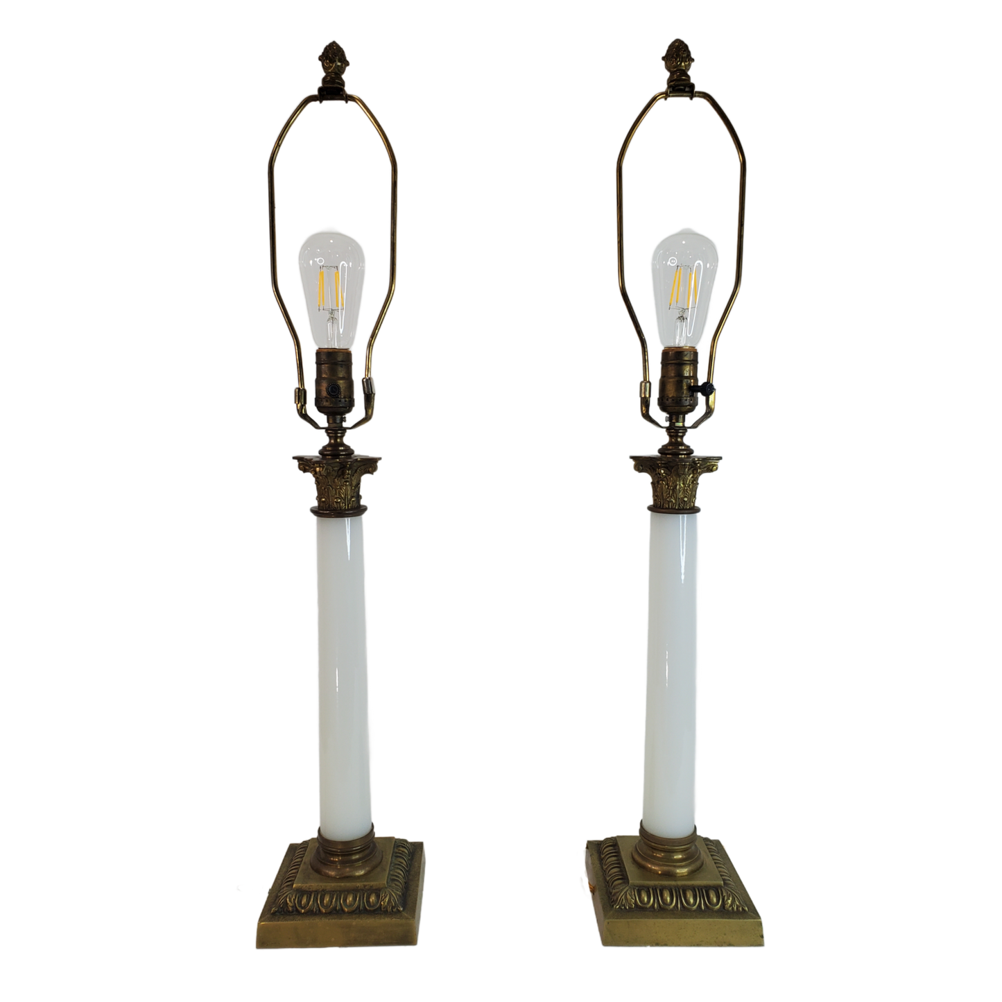 Pair Vintage Opaline Glass & Brass Neoclassical Column Table Lamps