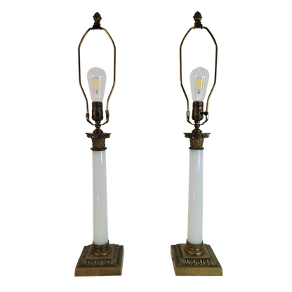 Pair Vintage Opaline Glass & Brass Neoclassical Column Table Lamps