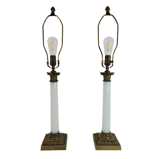 Pair Vintage Opaline Glass & Brass Neoclassical Column Table Lamps