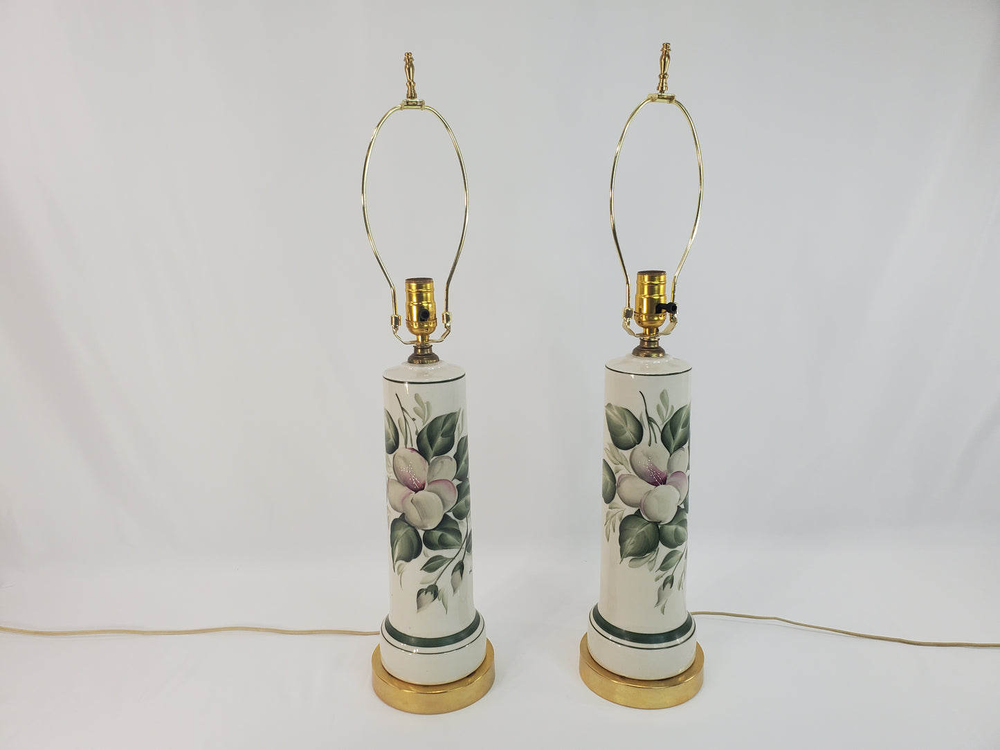 Pair Vintage Porcelain Brass Hand Painted Floral Table Lamps-2