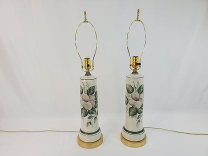 Pair Vintage Porcelain Brass Hand Painted Floral Table Lamps-2