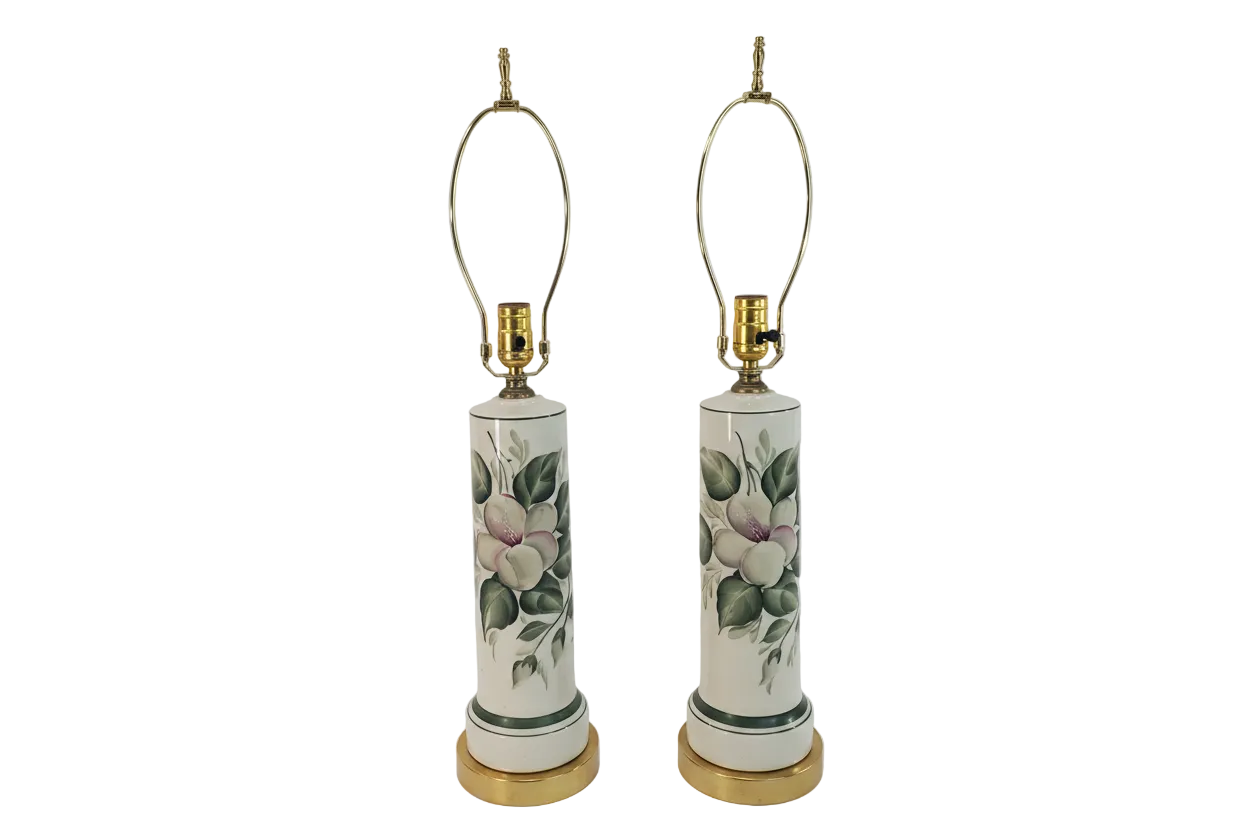 Pair Vintage Porcelain Brass Hand Painted Floral Table Lamps-2