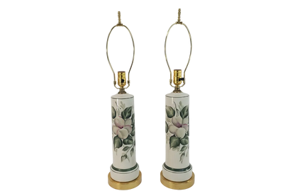 Pair Vintage Porcelain Brass Hand Painted Floral Table Lamps-2