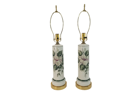Pair Vintage Porcelain Brass Hand Painted Floral Table Lamps-2
