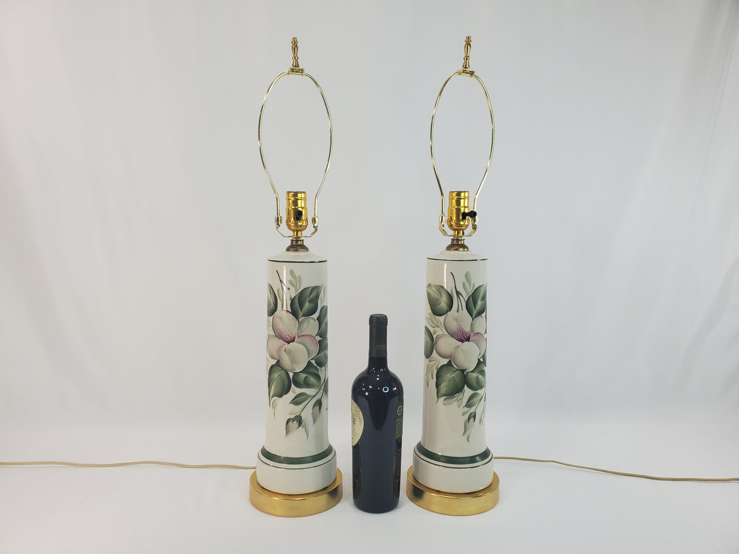 Pair Vintage Porcelain Brass Hand Painted Floral Table Lamps-2