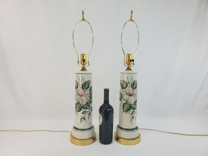Pair Vintage Porcelain Brass Hand Painted Floral Table Lamps-2