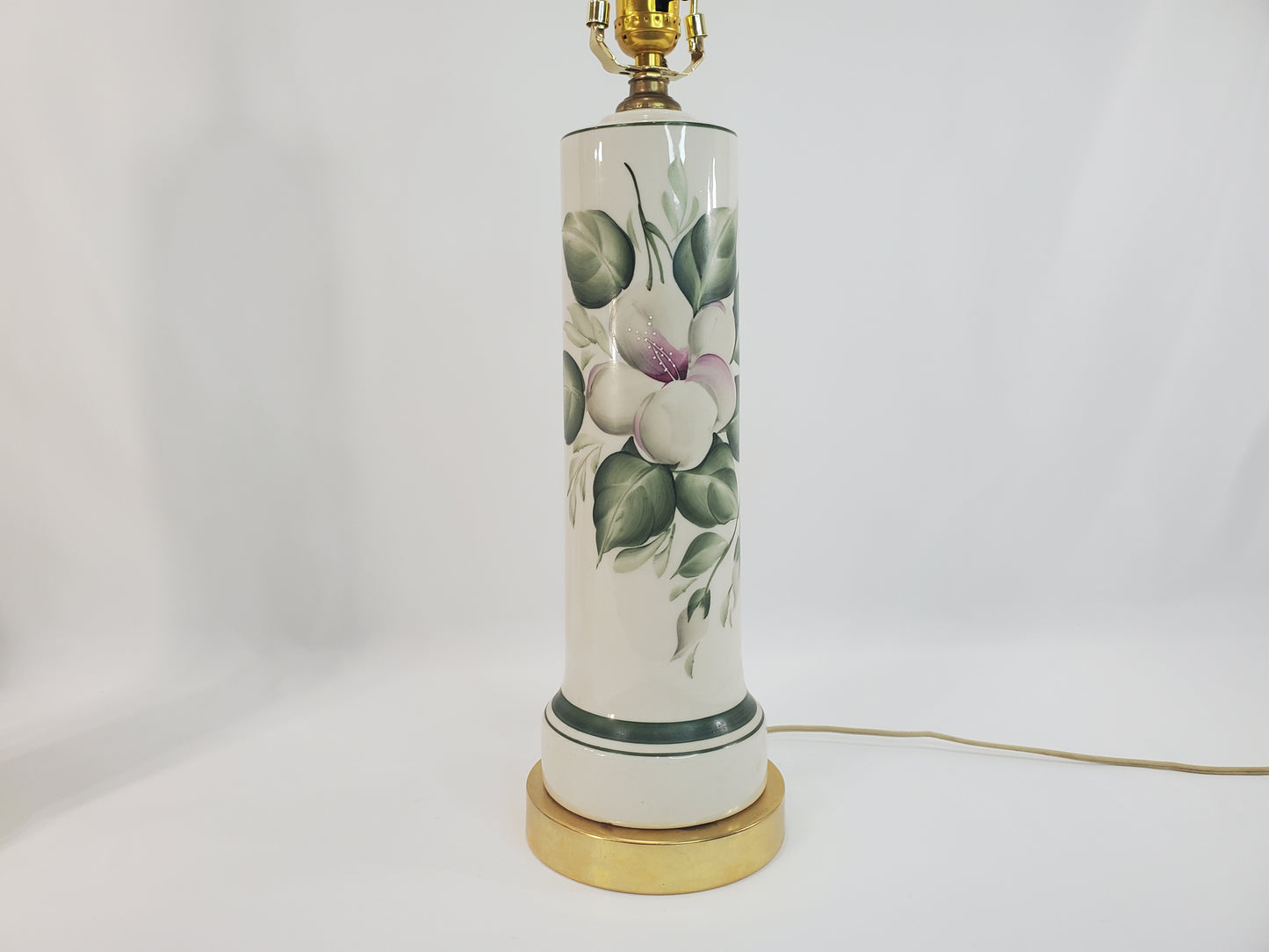 Pair Vintage Porcelain Brass Hand Painted Floral Table Lamps-2