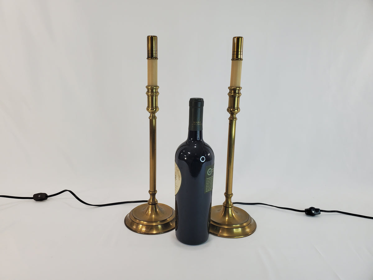 Pair Vintage Solid Brass Candlestick Buffet Lamps by Chapman