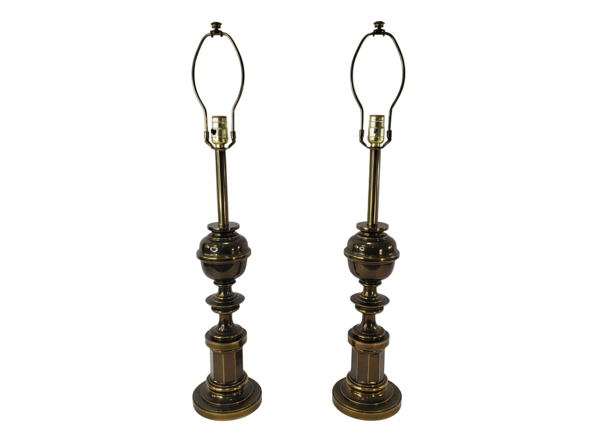 Pair Vintage Stiffel Brass Hollywood Regency Column and Baluster Table Lamps