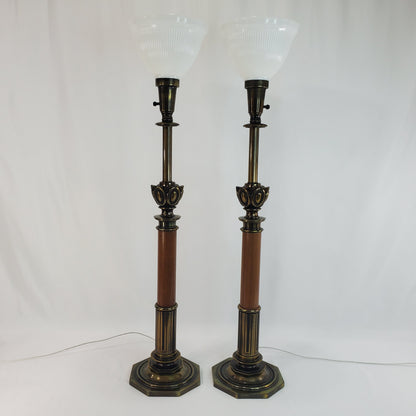 Pair Vintage Stiffel Torchiere Table Lamps Brass Wood - Rare Neoclassical Design