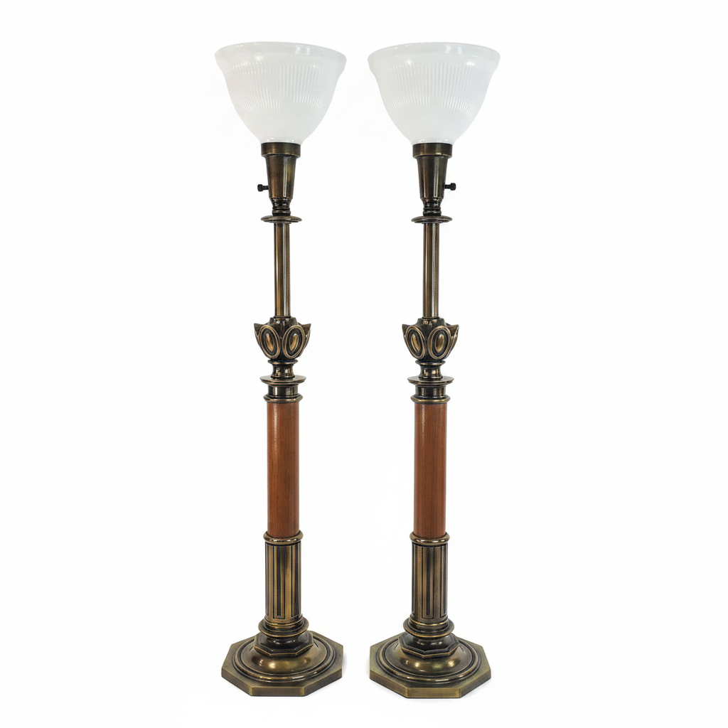 Pair Vintage Stiffel Torchiere Table Lamps Brass Wood - Rare Neoclassical Design