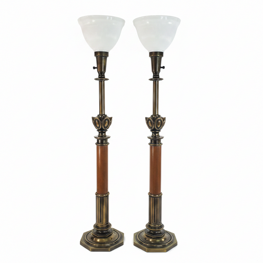 Pair Vintage Stiffel Torchiere Table Lamps Brass Wood - Rare Neoclassical Design