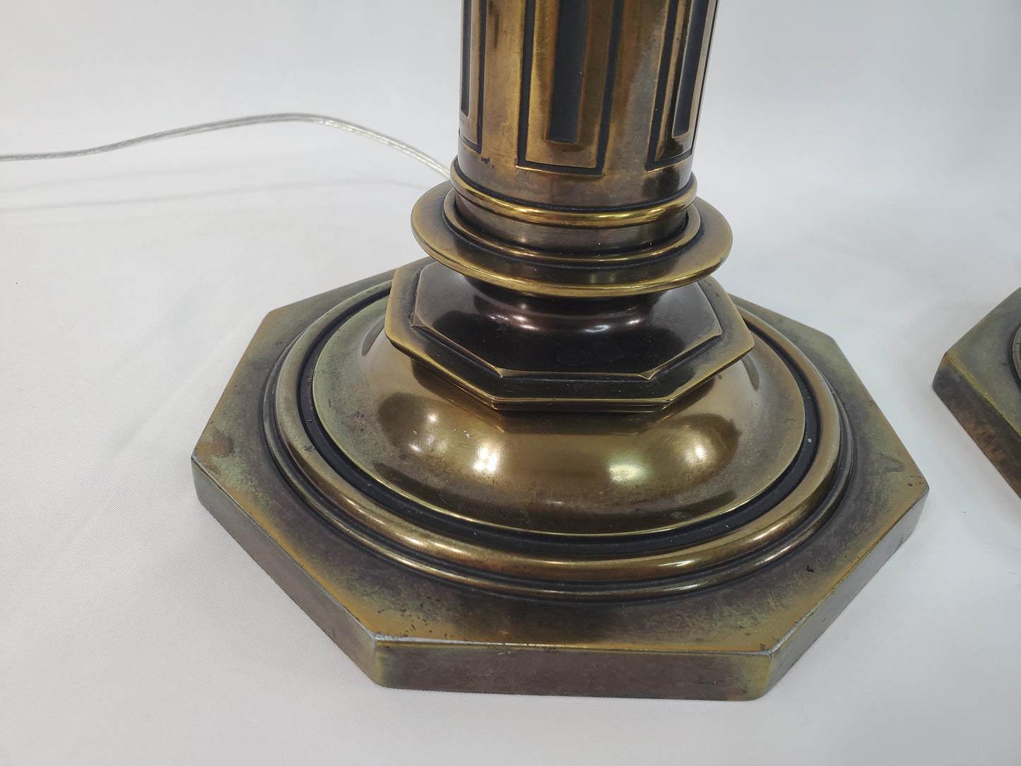 Pair Vintage Stiffel Torchiere Table Lamps Brass Wood - Rare Neoclassical Design