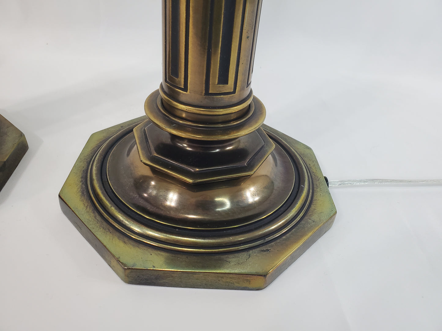 Pair Vintage Stiffel Torchiere Table Lamps Brass Wood - Rare Neoclassical Design