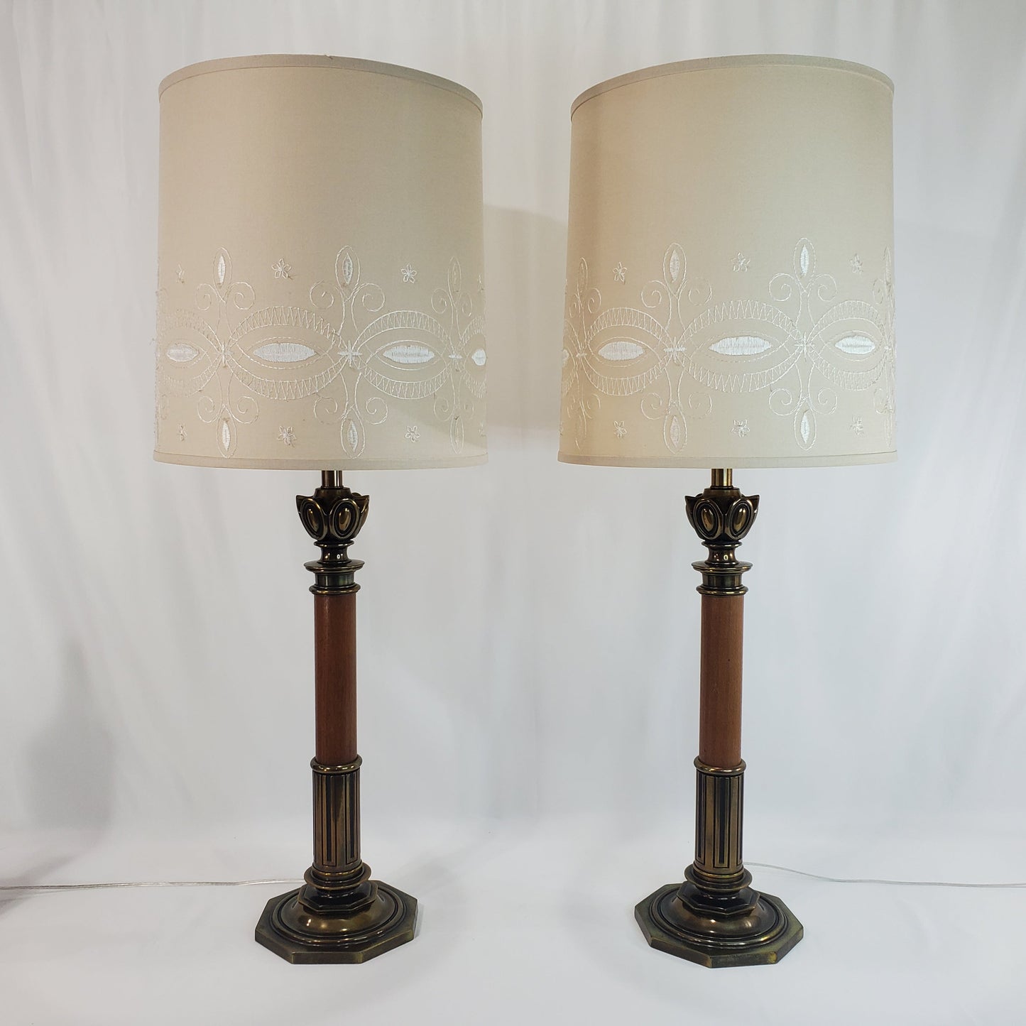 Pair Vintage Stiffel Torchiere Table Lamps Brass Wood - Rare Neoclassical Design