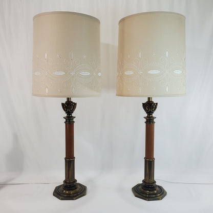 Pair Vintage Stiffel Torchiere Table Lamps Brass Wood - Rare Neoclassical Design