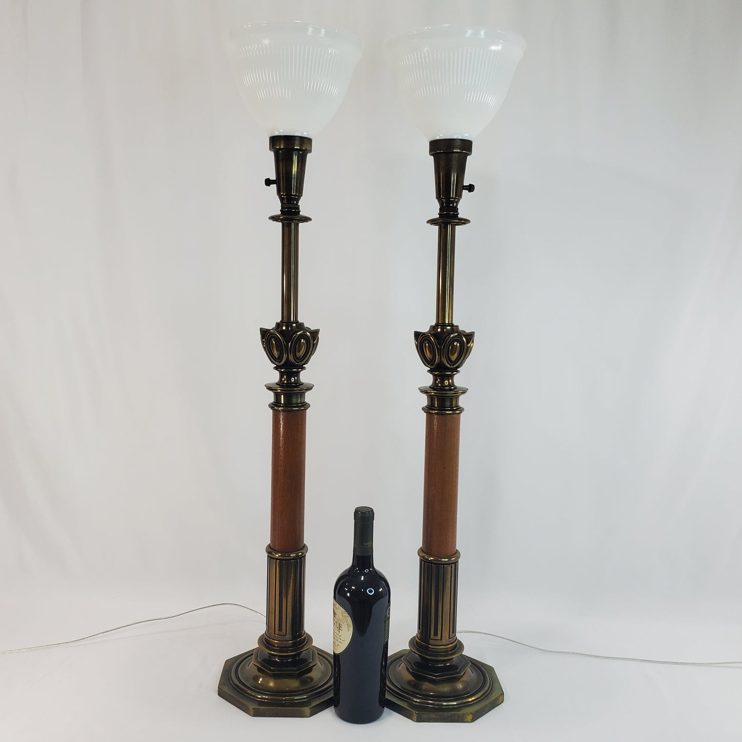Pair Vintage Stiffel Torchiere Table Lamps Brass Wood - Rare Neoclassical Design