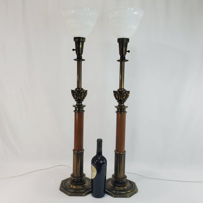 Pair Vintage Stiffel Torchiere Table Lamps Brass Wood - Rare Neoclassical Design