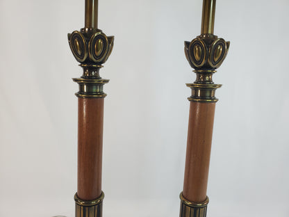 Pair Vintage Stiffel Torchiere Table Lamps Brass Wood - Rare Neoclassical Design