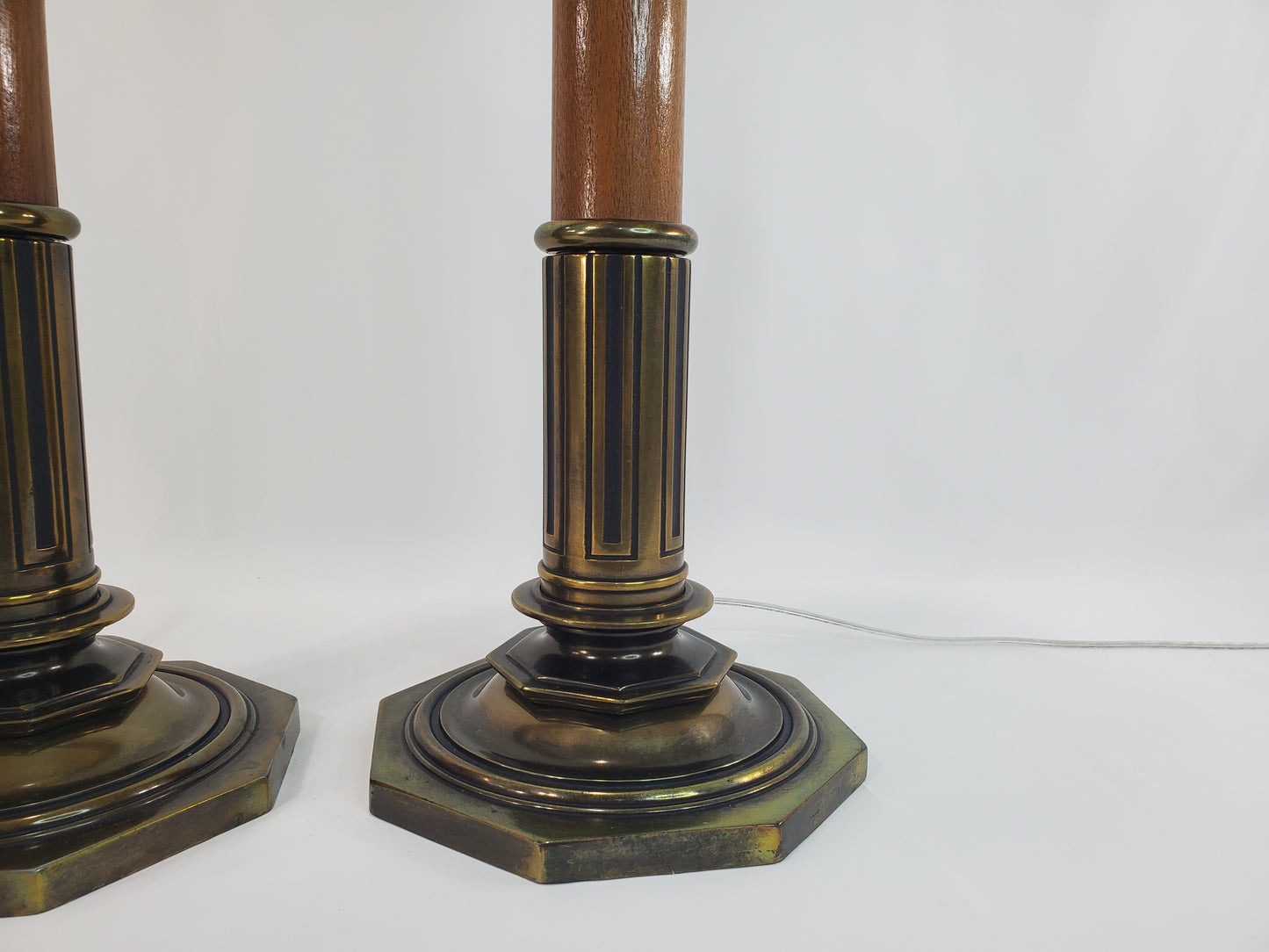 Pair Vintage Stiffel Torchiere Table Lamps Brass Wood - Rare Neoclassical Design