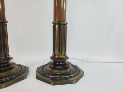 Pair Vintage Stiffel Torchiere Table Lamps Brass Wood - Rare Neoclassical Design