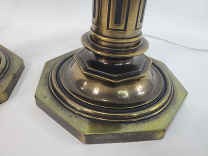 Pair Vintage Stiffel Torchiere Table Lamps Brass Wood - Rare Neoclassical Design
