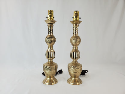 Petite Mid Century James Mont Style Chinoiserie Brass Lamp Pair