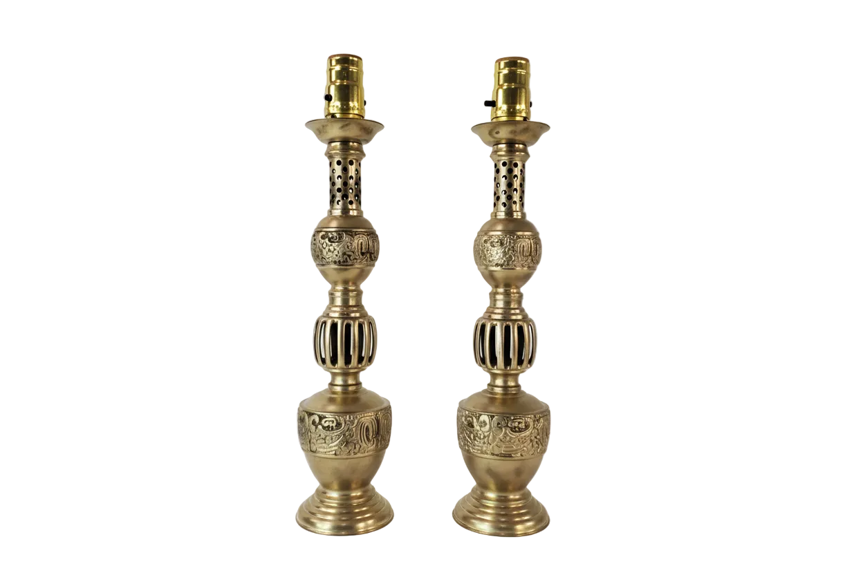 Petite Mid Century James Mont Style Chinoiserie Brass Lamp Pair