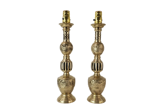 Petite Mid Century James Mont Style Chinoiserie Brass Lamp Pair