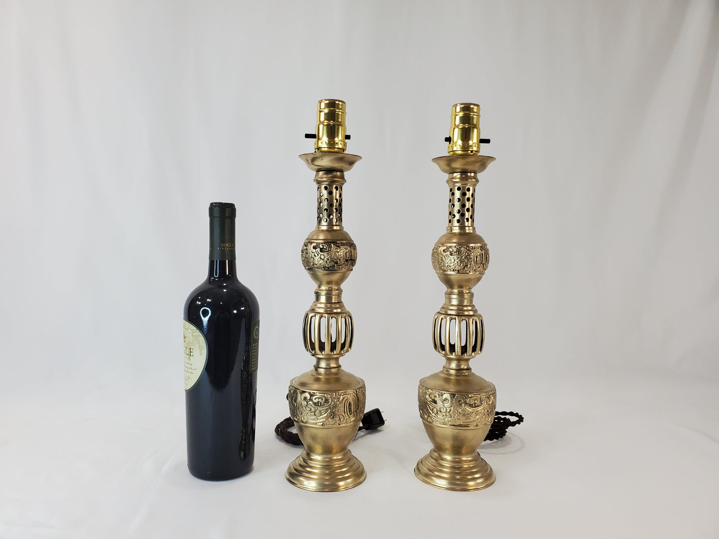 Petite Mid Century James Mont Style Chinoiserie Brass Lamp Pair