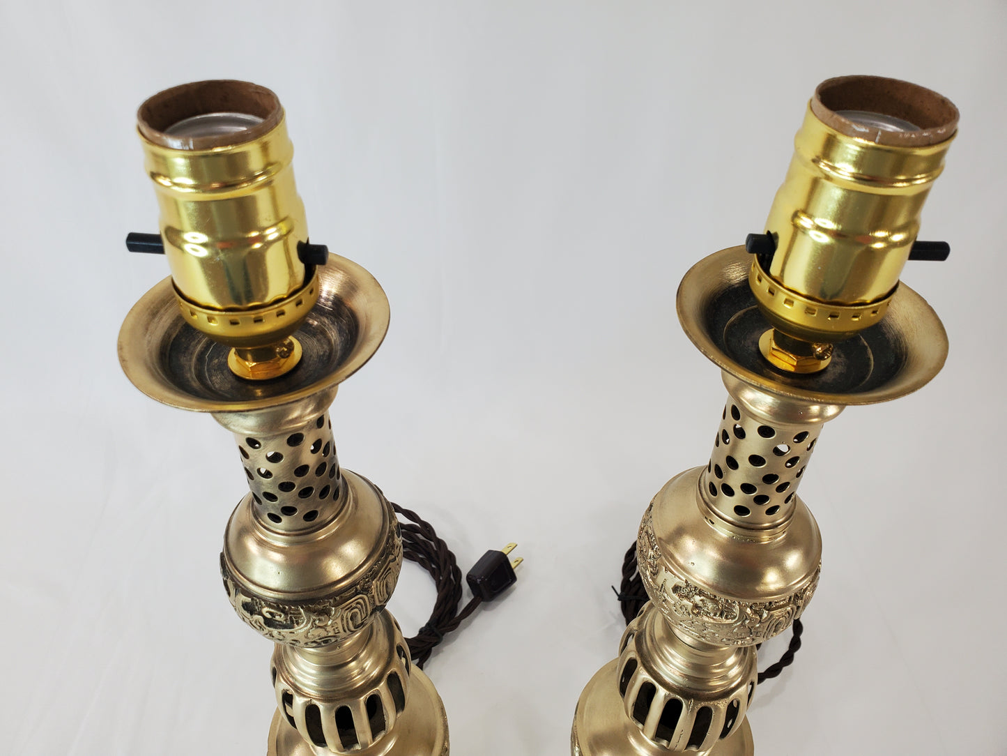 Petite Mid Century James Mont Style Chinoiserie Brass Lamp Pair