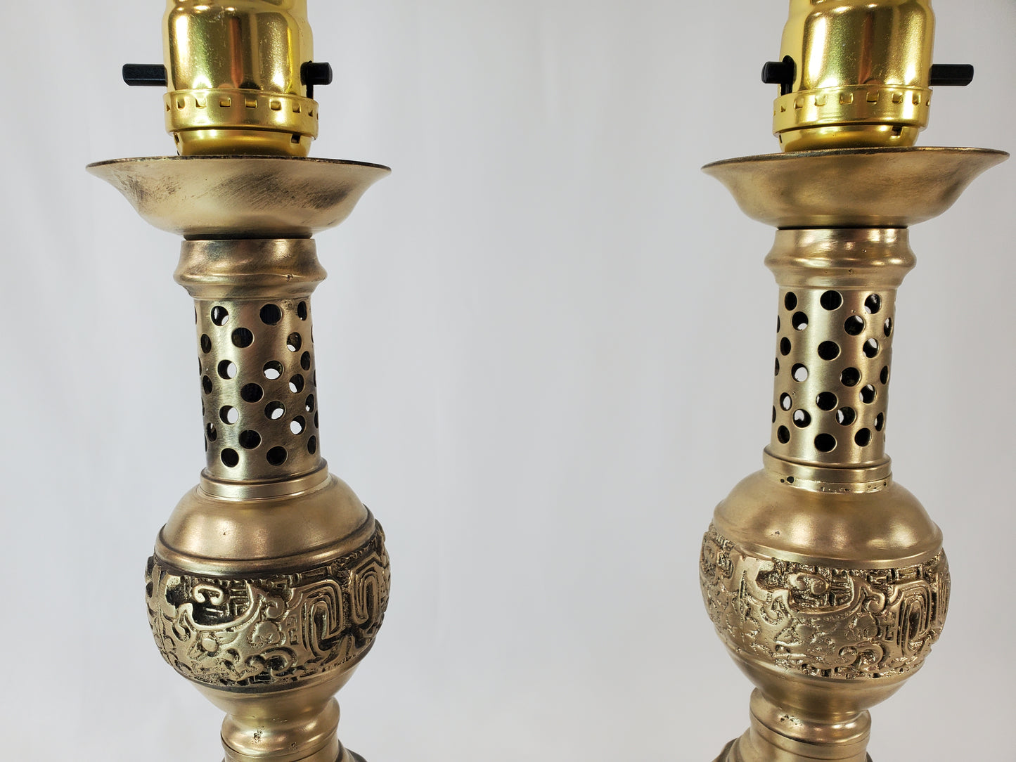 Petite Mid Century James Mont Style Chinoiserie Brass Lamp Pair