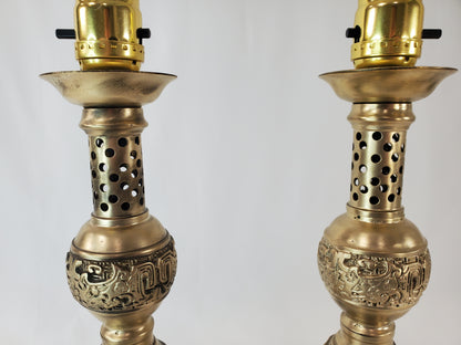 Petite Mid Century James Mont Style Chinoiserie Brass Lamp Pair