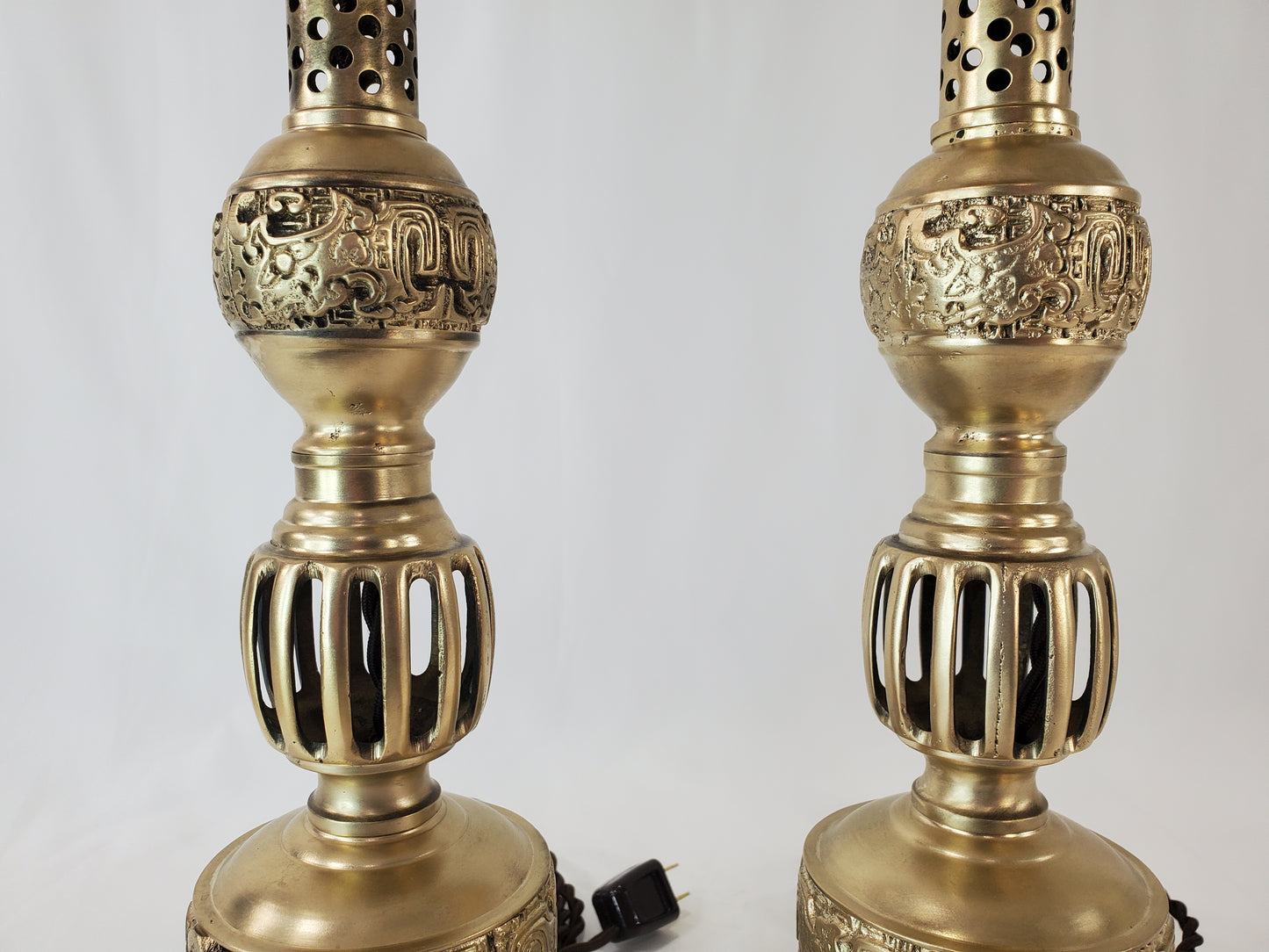 Petite Mid Century James Mont Style Chinoiserie Brass Lamp Pair
