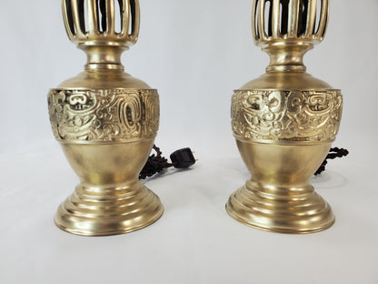 Petite Mid Century James Mont Style Chinoiserie Brass Lamp Pair