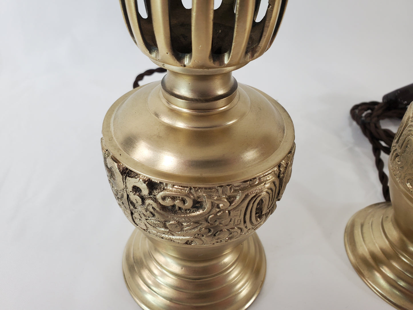 Petite Mid Century James Mont Style Chinoiserie Brass Lamp Pair