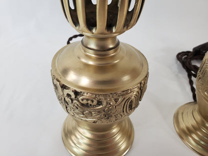 Petite Mid Century James Mont Style Chinoiserie Brass Lamp Pair