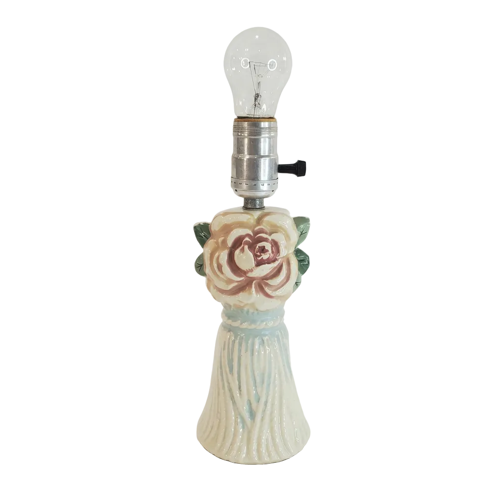 Vintage 1940s Ceramic Rose and Tassel Boudoir Lamp