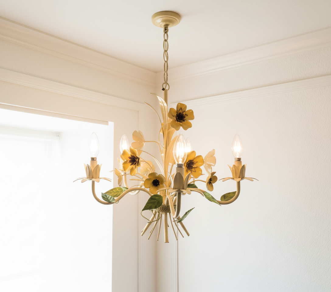 Vintage 5 Light Italian Tole Metal Flower Chandelier