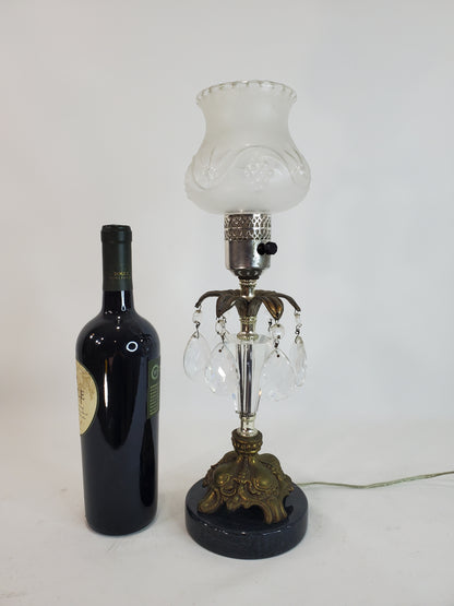 Vintage Brass and Crystal Boudoir Lamp With Marble Base