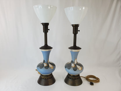 Vintage Charleton Glass Enamel Floral Table Lamp Pair