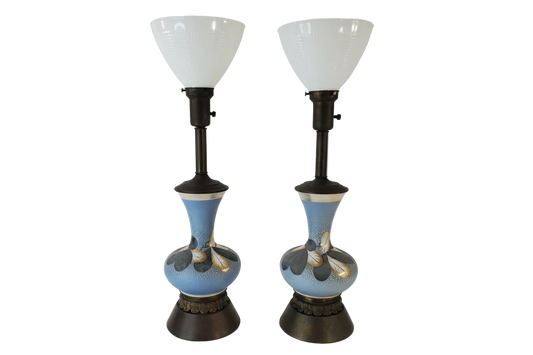 Vintage Charleton Glass Enamel Floral Table Lamp Pair
