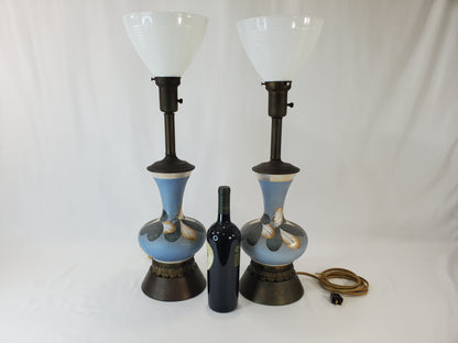 Vintage Charleton Glass Enamel Floral Table Lamp Pair