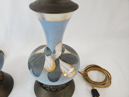 Vintage Charleton Glass Enamel Floral Table Lamp Pair